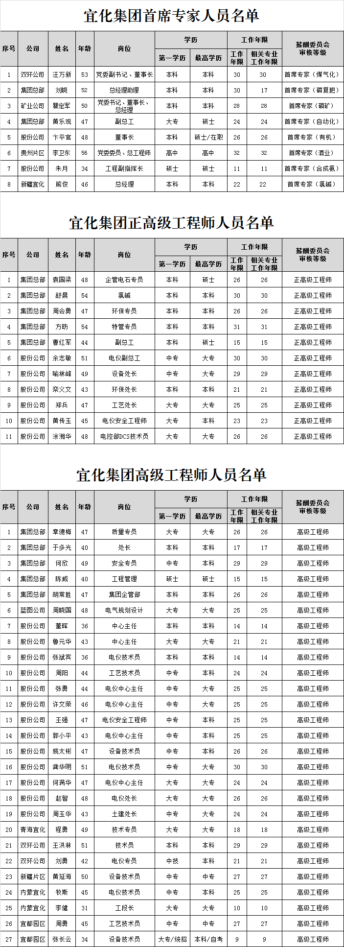宜化集團(tuán)首席專家、正高級工程師、高級工程師評審結(jié)果公示